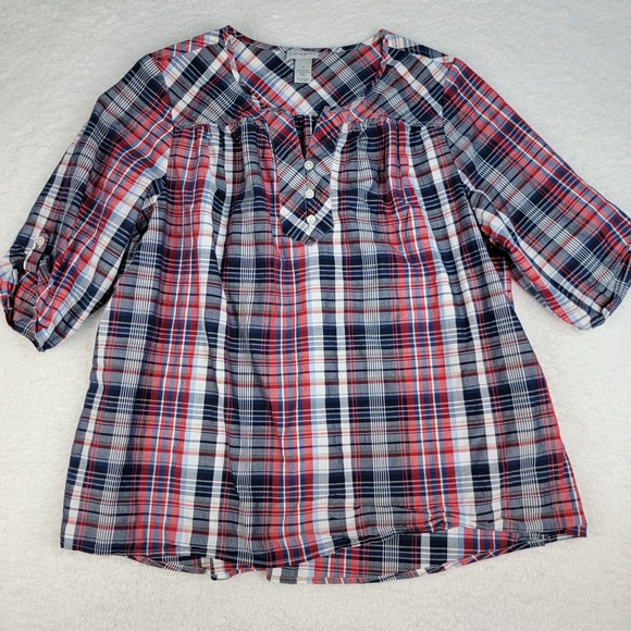 Catherines Tops - Catherines Top Womens 1X Red Blue 3/4 Sleeve Button Up Plaid Casual Basic Blouse